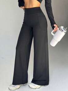 Women's High Waist Wide Leg Pants With Pockets - Comfortable Flowy Casual Pants Autumn - Black - View 6