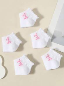 5双装春夏儿童白色蕾丝短袜，粉色蝴蝶结装饰，经典可爱透气网眼短袜，简约休闲舒适柔软，适合运动、上学、休闲活动、返校季穿着 - 白色 - 查看 4
