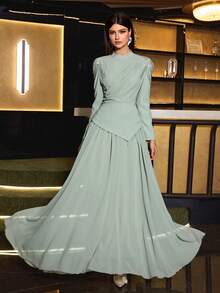 Elegant And Charming Women's Long Sleeve Formal Dress, Featuring Pleated Bust Detail, Shoulder Applique, Asymmetric 2 In 1 Design, And Flared Extra-Wide Skirt, Soft Fabric Suitable For Parties, Banquets, And Galas - Mint Green - View 5