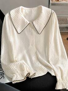 Tween Girls Peter Pan Collar Blouse, Contrast Trim Textured Button Up Shirt, Teen Tween Girl Cute Long Sleeve Ruffle Cuff Top - Apricot - View 5