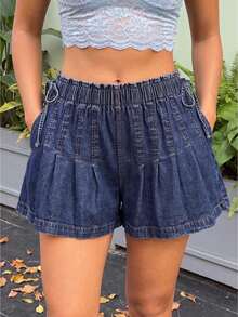Womens Summer Denim Skorts Casual Loose Fit Stylish Pleated Solid Color Drawstring Elastic Mid Rise Shorts - Blue - View 1