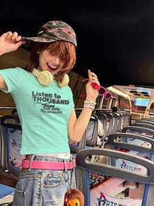 Y2K Letter Print Slim Fit Mint Green Short Sleeve T-Shirt For Women, Summer Niche American Design Unique Top Casual - Mint Green - View 2