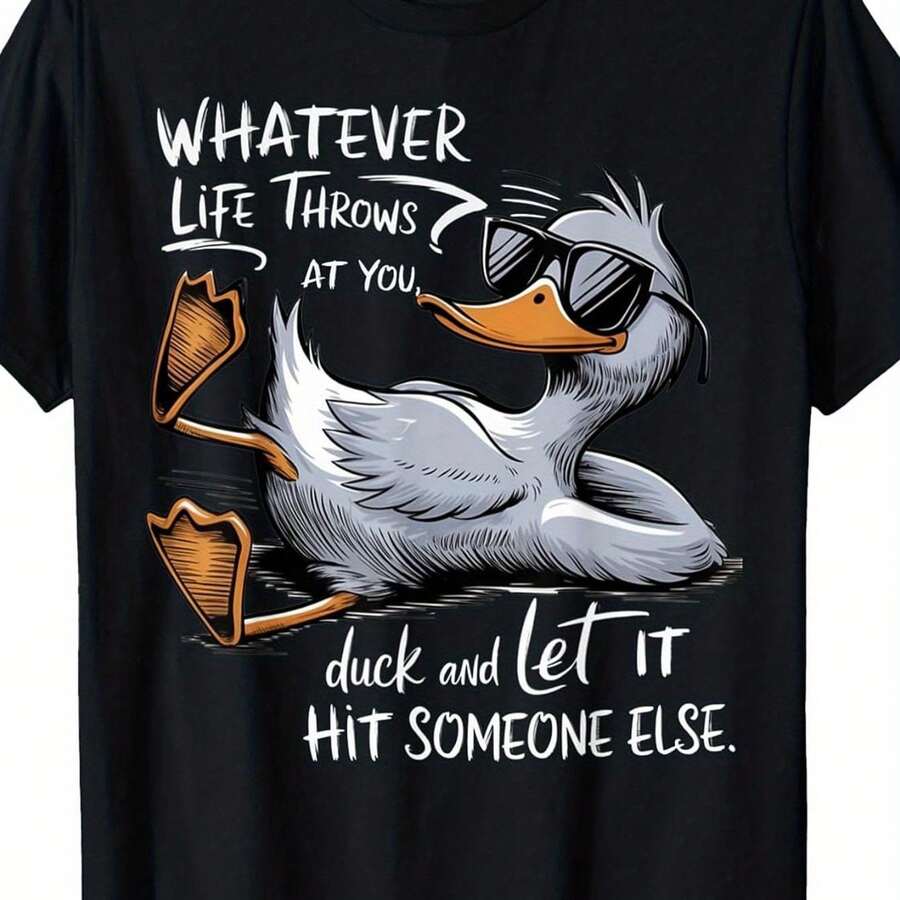 Funny Duck T-Shirt With Humorous Joke And White Duck Design - Soft And Breathable Black T-Shirt For Men, Women, And Teens - Funny Slogan T-Shirt, Christmas Clothing - 黑色 - 查看 1