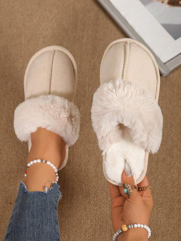 Women's Flat Indoor Home Slippers, Comfortable Home Shoes With Fur Lining