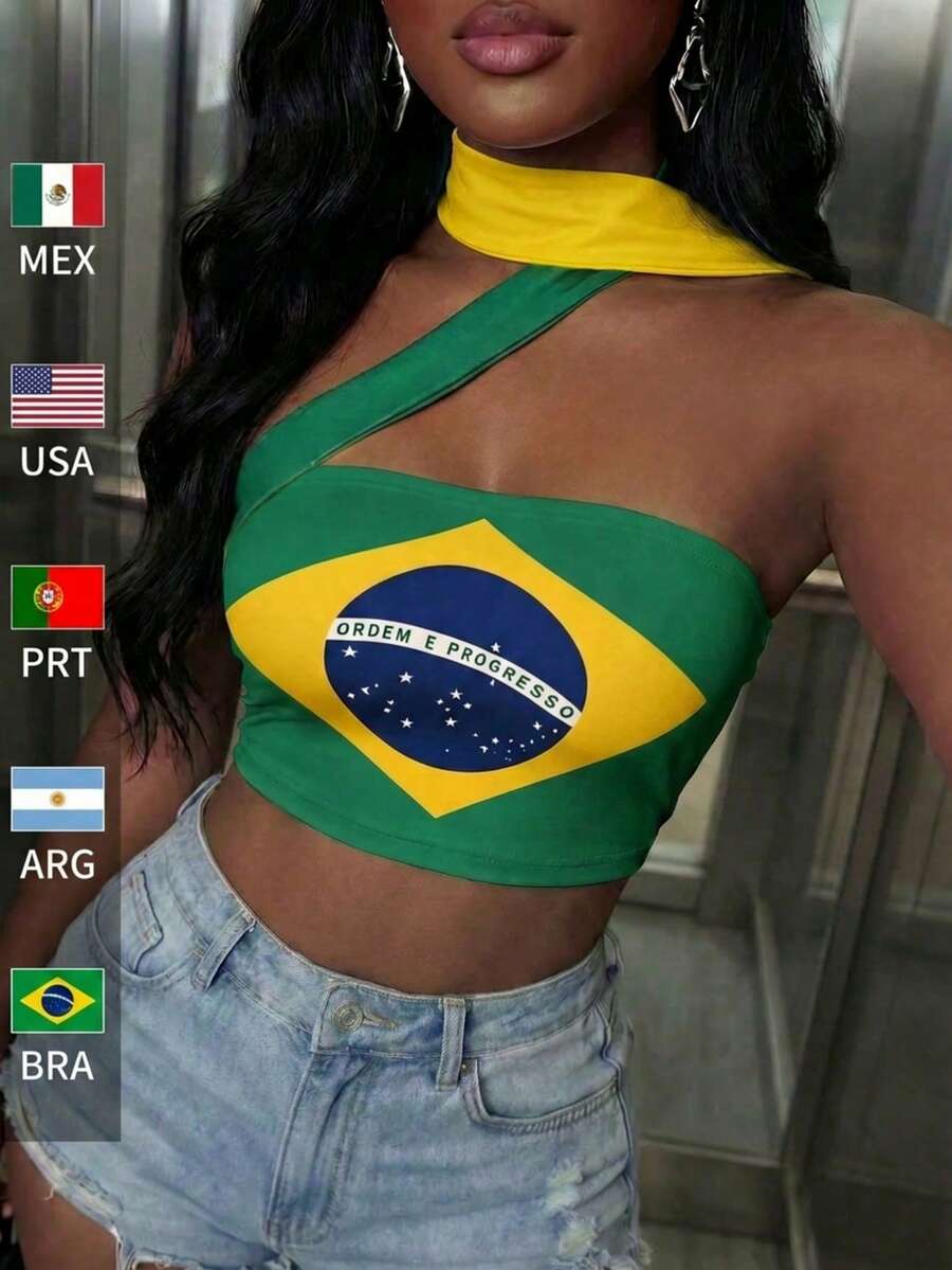 Women's Casual Brazil Flag Print Strapless Backless Cropped Tank Top, Suitable For Football Matches, Festivals, Daily Wear, Summer Women's Top Style - Brazil - View 1