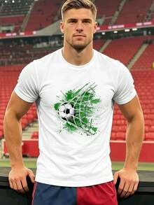 Herren-Fu?Ball-T -SHIRT Mit Grafikprint, Frühling, Hochwertiges Material, Rundhalsausschnitt, Bequeme Passform, Street-Hip-Hop-Stil - White - View 2