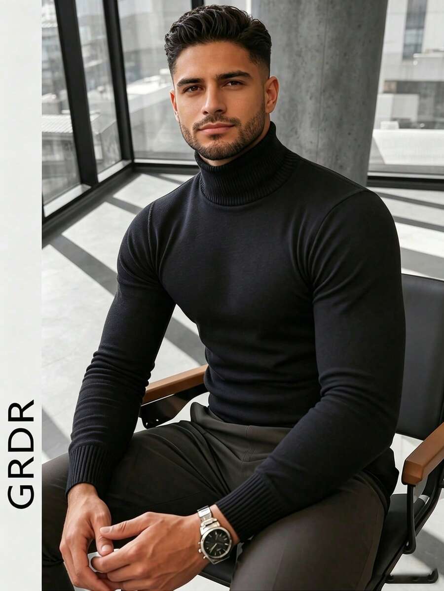 GRDR Sweater Lengan Panjang Kerah Bulat Pria, Pullover Rajut Serbaguna untuk Pemakaian Sehari-hari - Hitam - View 1