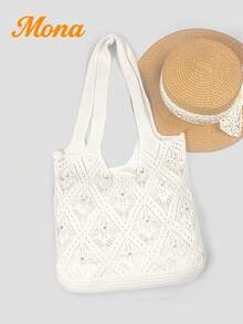 Boho Hollow Knit Tote Bag With Rhinestone Shiny Decor Women Summer Beach Shoulder Bag For Vacation Party Dating Shopping Cruise Travel - Beige - View 8
