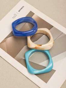 Set de 3 pulseras cuadradas geométricas azules, minimalista y elegante, adecuado para fiestas, uso diario, desplazamientos y talla grande - Celeste - View 2