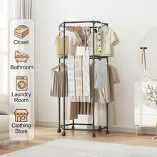 Clothes Rack With Wheels, Rolling Hexagonal Clothes Rack, Clothes Drying Rack, Clothes Storage For Bedroom, Laundry Room, Balcony (68" High) - 1 - View 5