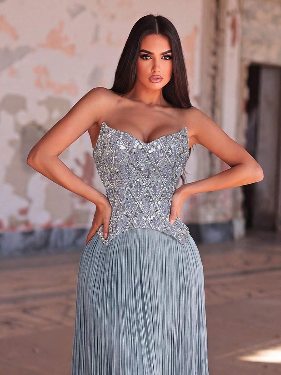 Charming Strapless Sequin Patchwork Tassel Evening Gown, With Corset-Style Bodice Party Wedding Fall - Grey - View 1
