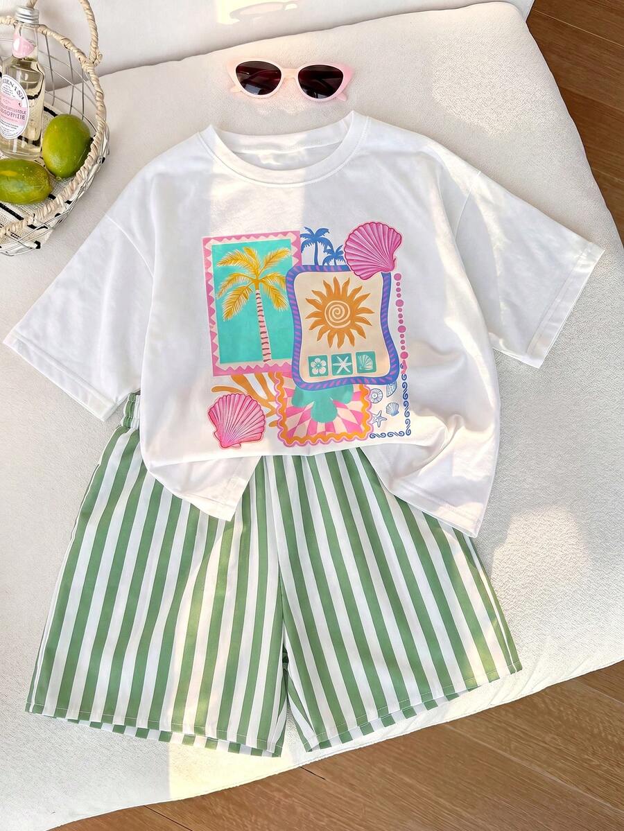 2pcs/Set Girls Vacation Style T-Shirt And Striped Shorts Set - Green - View 1