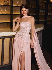 Elegant Strapless Sequin Patchwork Dress With Flared Hem And Pearl Decor, 2 In 1 With Flowing Sash Pink Wedding Party Fall - Pink - View 7