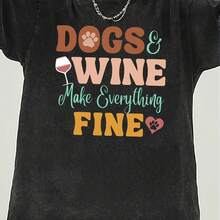 Camiseta Vintage de Mujer para Oktoberfest - Estampado de Letras para Amantes de Perros y Vino, Monograma, Cuello Redondo Suave Lavado, Ideal para Uso Casual y Festivales, Adecuada para el D - Negro - Ver 2