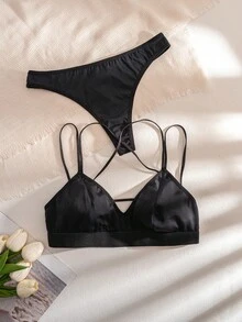 1套女款美背無鋼圈舒適內衣套裝 - 黑色 - 查看 3