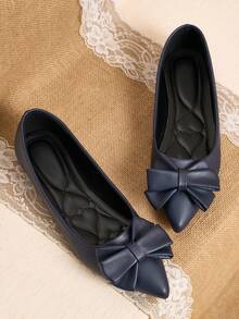 Pointed Toe Shallow Opening Bow Flat Shoes, Delicate Satin Texture, Soft And High-End Feel, Versatile Shoes. - Blue - View 2