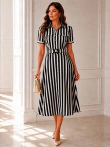 VESTIDO MIDI LISTRADO FEMININO COM BOTONES FRONTAIS E CINTO elegante Casamento  MODA CASUAL - Preto - Visão 5