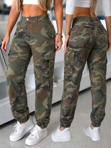Women's Camouflage Denim Joggers, Casual Long Zipper Design Non-Stretch Cargo Denim Pants, Fashion Loose Long Pants Fall - Camouflage - View 4