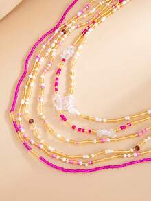 1 Set 6 piezas Cadena de cintura de estilo bohemio de vacaciones hecha a mano con cuentas de piedra blanca falsa, joyería de cintura de dopamina dulce y fresca para chicas, multi-capa apilable, adecuada para uso diario de mujeres, vacaciones, fiestas (color de cuentas hecho a mano, cantidad, posición aleatoria) - Rosa - Ver 4