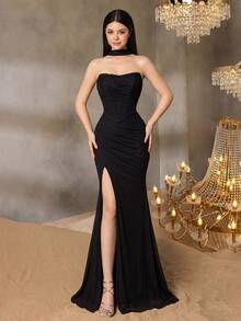 ALISA&LEO Exquisite Strapless Fitted Dress, Suitable For Teenagers, Side Slit Design, Ruched Bodice, Open Back, Suitable For Formal Occasions Such As Evening Parties, Performances, Banquets And Balls - Black - View 4