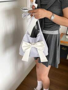 時尚春夏新款休閒手提大容量波點圖案通勤包 雙肩帶單肩水桶女包 - 白色 - 查看 8