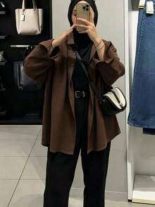 女款簡約休閒純色鈕扣長袖襯衫領優雅上衣，適合春秋冬季，棕色 - 棕色 - 查看 7