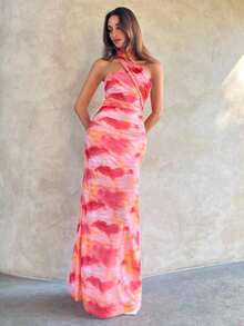 Vestido de mujer elegante y sexy con estampado floral de malla - Celeste - Ver 7