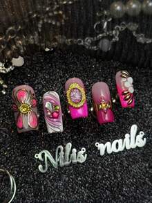 10pcs Handmade Fully Covered Square Nails Press On Nails, Hot Pink Nails,Soft Shimmer Romantic Spicy Style,Reusable False Nails With Jelly Glue And Nail File,Suitable For Summer Dating, Party,Wedding Banquet,Gentle Office Daily Styling - Hot Pink - View 4