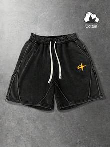 Men's Washed Black Snow-Wash Fabric Drawstring Waist Fashion Casual Shorts, Minimalist Print, Suitable For Daily Wear - Black - View 2