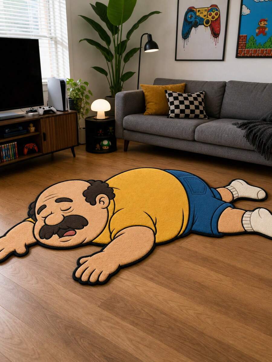 1pc Funny Cartoon Sleeping Man Shaped Rug, Humorous Nap Uncle Creative Floor Mat, Soft Plush Decorative Carpet, Suitable For Bedroom Living Room Dormitory Indoor Use, Fun Housewarming Birthday Gift Room Decor Home Decoration - Multicolor - View 1
