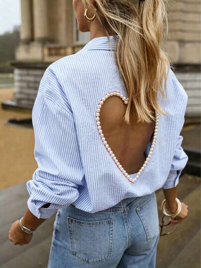 Nueva blusa de mujer a rayas con bordado de corazón y perlas, espalda descubierta | Top casual holgado de primavera/verano adecuado para ir al trabajo, estar en casa y uso diario