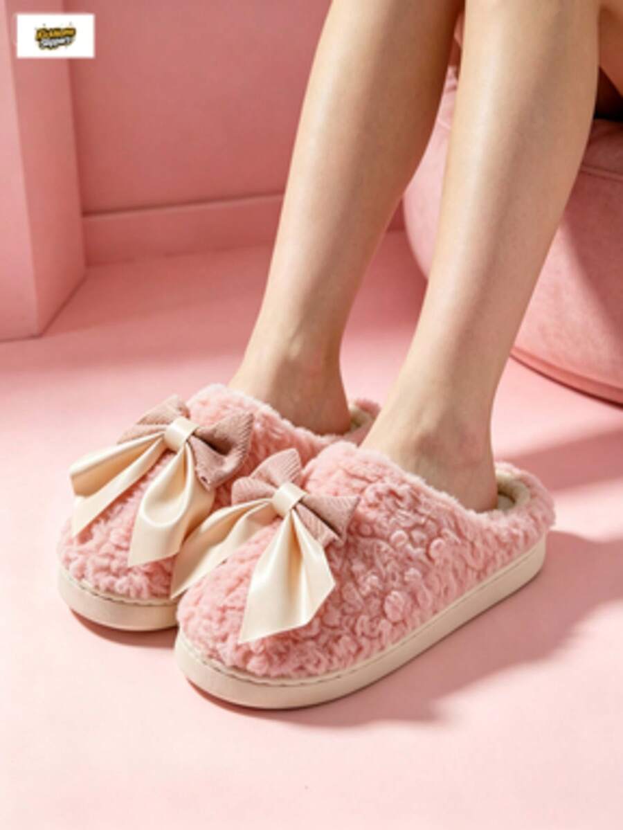 Cute Bow Fabric Home Slippers For Autumn And Winter