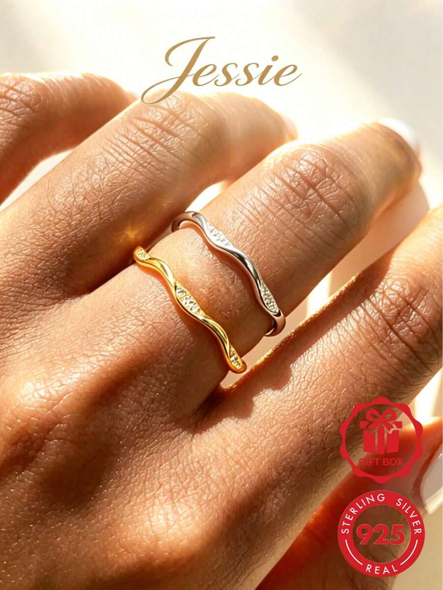 Jessie Jewelry 1pc Elegant Fashion Classic Shiny Delicate 925 Silver Artificial Zirconia Wave Ruffle Design Ring, Suitable For Women's Date, Party, Daily Wear, Showcasing Charm, Gift - Wave - View 1