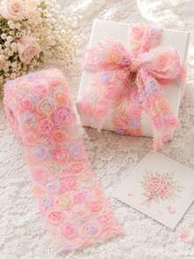 Floral Lace Ribbon Trim With Embroidered Rose Pattern, Perfect For Sewing, Wedding Dress Making, Gift Wrapping, DIY Hair Accessories And Bridal Wedding Decoration. Pink Rose. - Multicolor - View 1