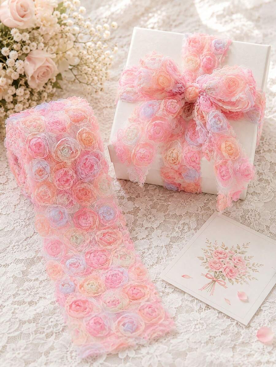 Floral Lace Ribbon Trim With Embroidered Rose Pattern, Perfect For Sewing, Wedding Dress Making, Gift Wrapping, DIY Hair Accessories And Bridal Wedding Decoration. Pink Rose. - Multicolor - View 1