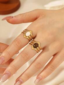 2pcs Stainless Steel Women's 18K Gold Plated Open Adjustable Multi-Layer Rings, Twisted Texture Band Inlaid With Oval Natural Shell Tiger Eye Stone, Vintage Style Daily Party Fashion Jewelry - Yellow Gold - View 1