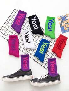 2 Pairs Random Multicolor Contrast YES Letter Mid-Calf Socks Unisex Ribbed High Elastic Breathable Sweat-Absorbing Korean Japanese Street Style Cool Mid-Calf Socks Suitable For Skateboard Sports Campus Outings Party Music Festival Outfits - Multicolor - View 2