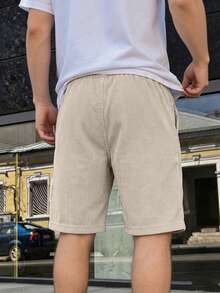 1件青少年男孩復古燈芯絨寬鬆寬腿休閒短褲，側面字母裝飾，簡約直筒中長褲 - 卡其色 - 查看 2