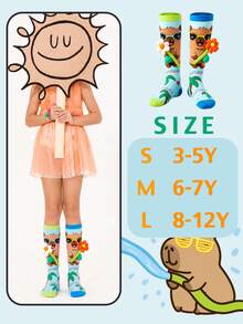 1 Pair Kids Unisex Knee High Socks, 3D Plush Flower Capybara Cartoon Light Blue Tropical Creative Design For Daily Wear - Multicolor - View 4