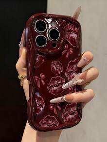Lip Art Creamy Wavy Edge Burgundy Flat Print Painted Anti-Drop Fashion Cute Phone Case Compatible With Ip 17/Ip 17pro/Ip 17promax/Iphone16/Iphone16pro/Iphone16promax/IPhone16plus/ 10cases Anti-Drop New IPhone14IPhnoe15 Anti-Drop P14 Thickened P13 Soft Shell P12 Full Coverage P11 Anti-Drop Creative Phone Case - Multicolor - View 1