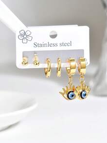 1 Set European & American Vintage Fashion Stainless Steel Plain Circle Eye Pendant Earrings Set For Women, Versatile For Daily Wear - Multicolor - View 2