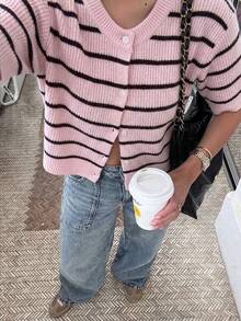 女士浅粉色条纹针织开衫 - V 领纽扣毛衣上衣，休闲优雅，适合春夏日常穿着、街头风、办公场合。 - 粉色 - 查看 1