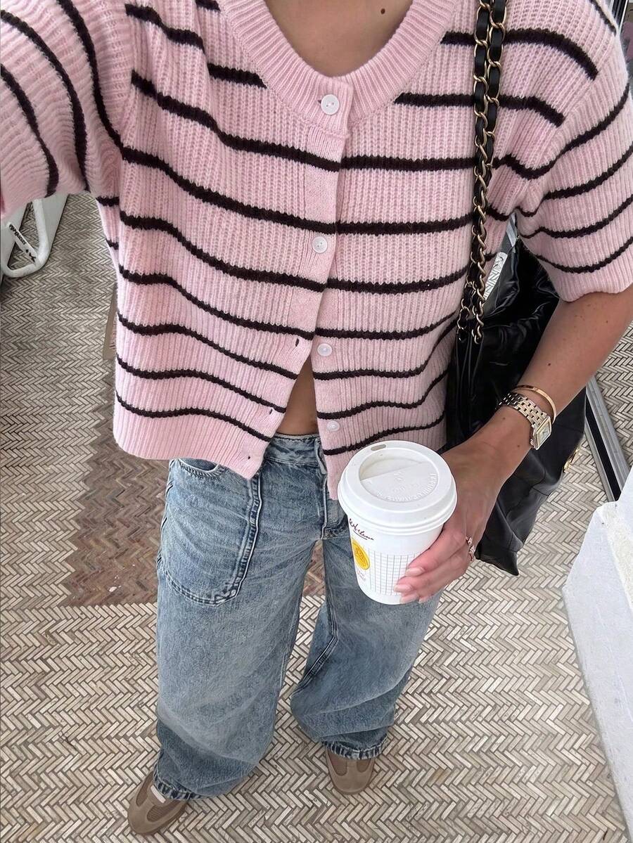 女士浅粉色条纹针织开衫 - V 领纽扣毛衣上衣,休闲优雅,适合春夏日常穿着、街头风、办公场合。 - 粉色 - 查看 1