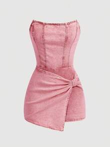 MOD Mono informal de mujer en denim desgastado con cuello halter - Rosa - Ver 1