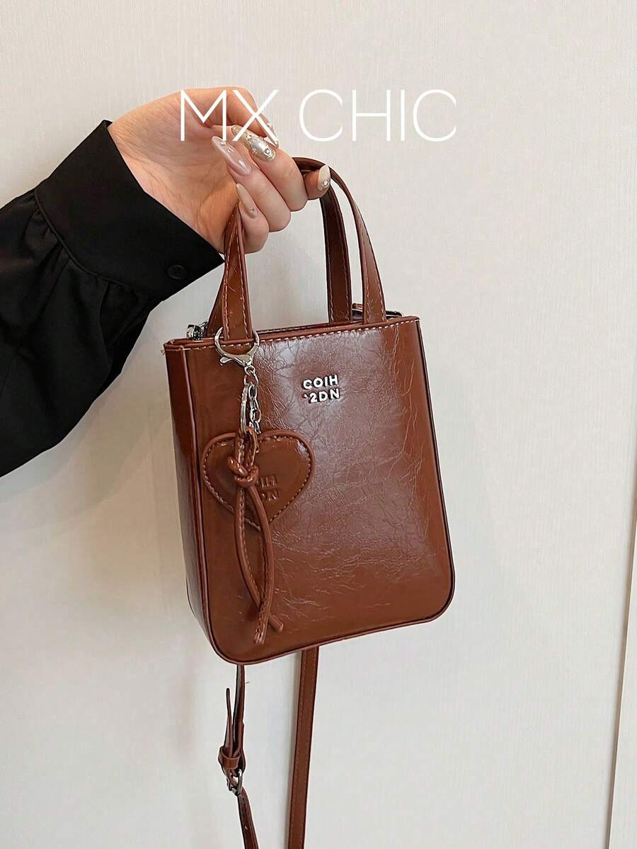1pc Women Solid Color PU Leather Zipper Closure Handbag, Suitable For Dates And Gifts - Brown - View 1
