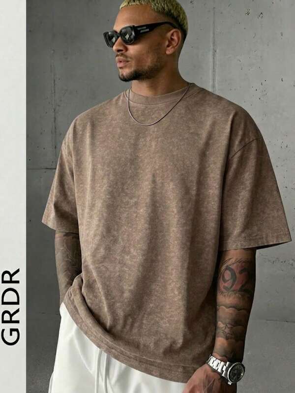 GRDR Men's Solid Color Washed Short Sleeve T-Shirt, Comfortable And Breathable For Summer Wear