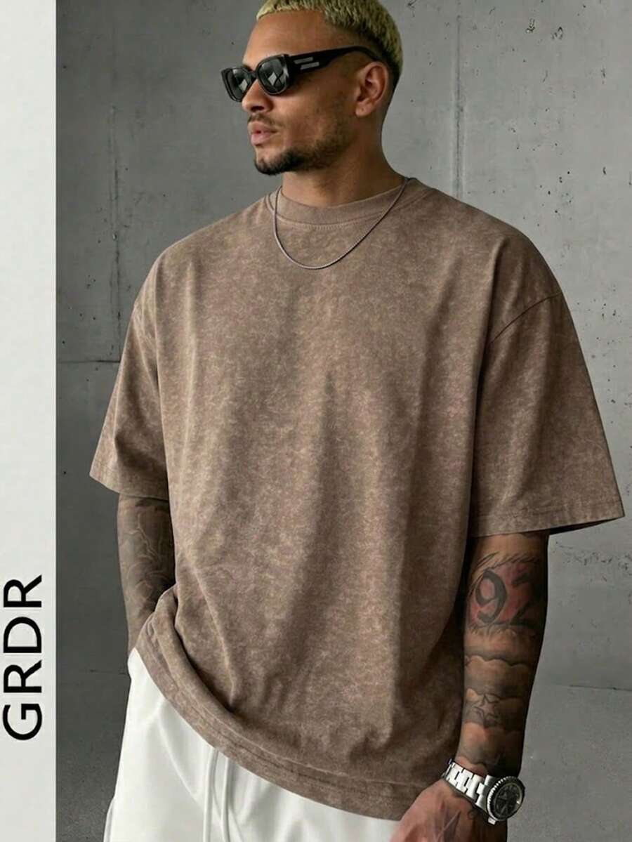 GRDR Men's Solid Color Washed Short Sleeve T-Shirt, Comfortable And Breathable For Summer Wear - Brown - View 1