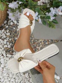 Women's Bowknot Metal Decor Straw Woven Flat Sandals, Comfortable Minimalist Vacation Beach Home Daily Summer Open Toe Slides, Solid Color Fashion Fabric Buckle Woven Flat Shoes For Spring And Summer - Off White - View 3