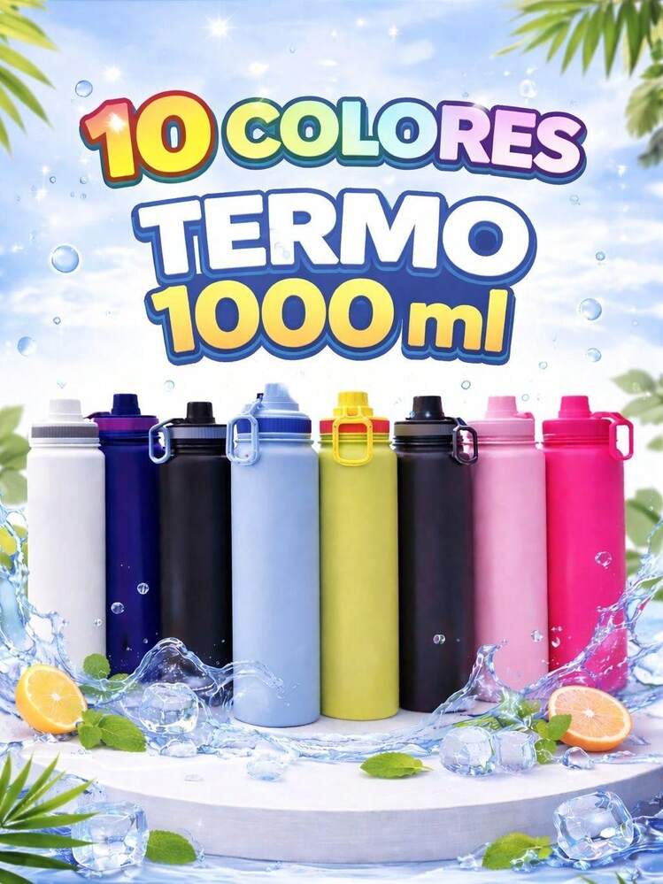 Botella Térmica 1000 ml Frío y Caliente Doble Tapa Hermética, Agarradera, Acero Inoxidable - Negro - Añade 3