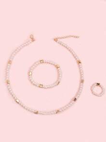 3 piezas/Set Collar de perlas falsas con corazón dulce para niños, conjunto de joyas, adecuado para el uso diario de niñas, regalo - Unitalla - Ver 6
